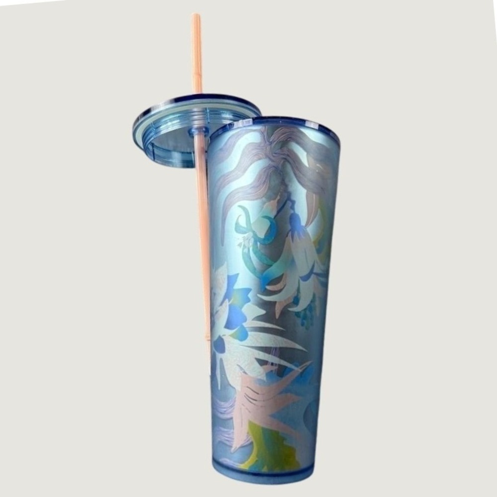 Starbucks Tumbler Blue Tropical Floral Metallic Finish with Lid and Straw 24oz